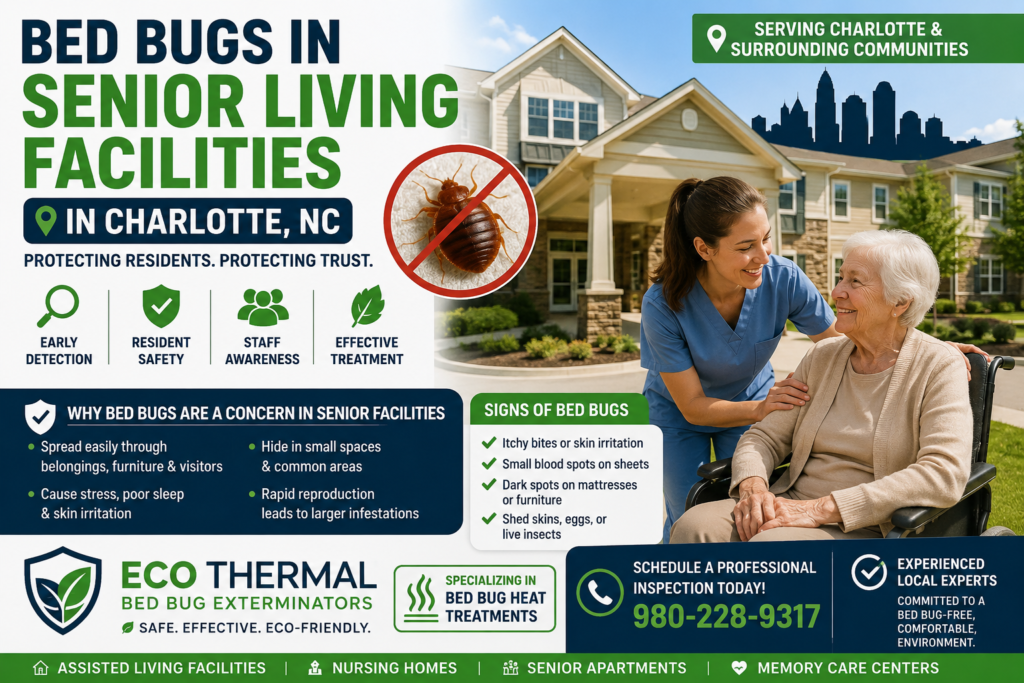 Bed bugs in Charlotte senior living facilities pose serious health and legal risks. Learn warning signs, NC regulations, and heat treatment solutions from Eco Thermal Bed Bug Exterminators.